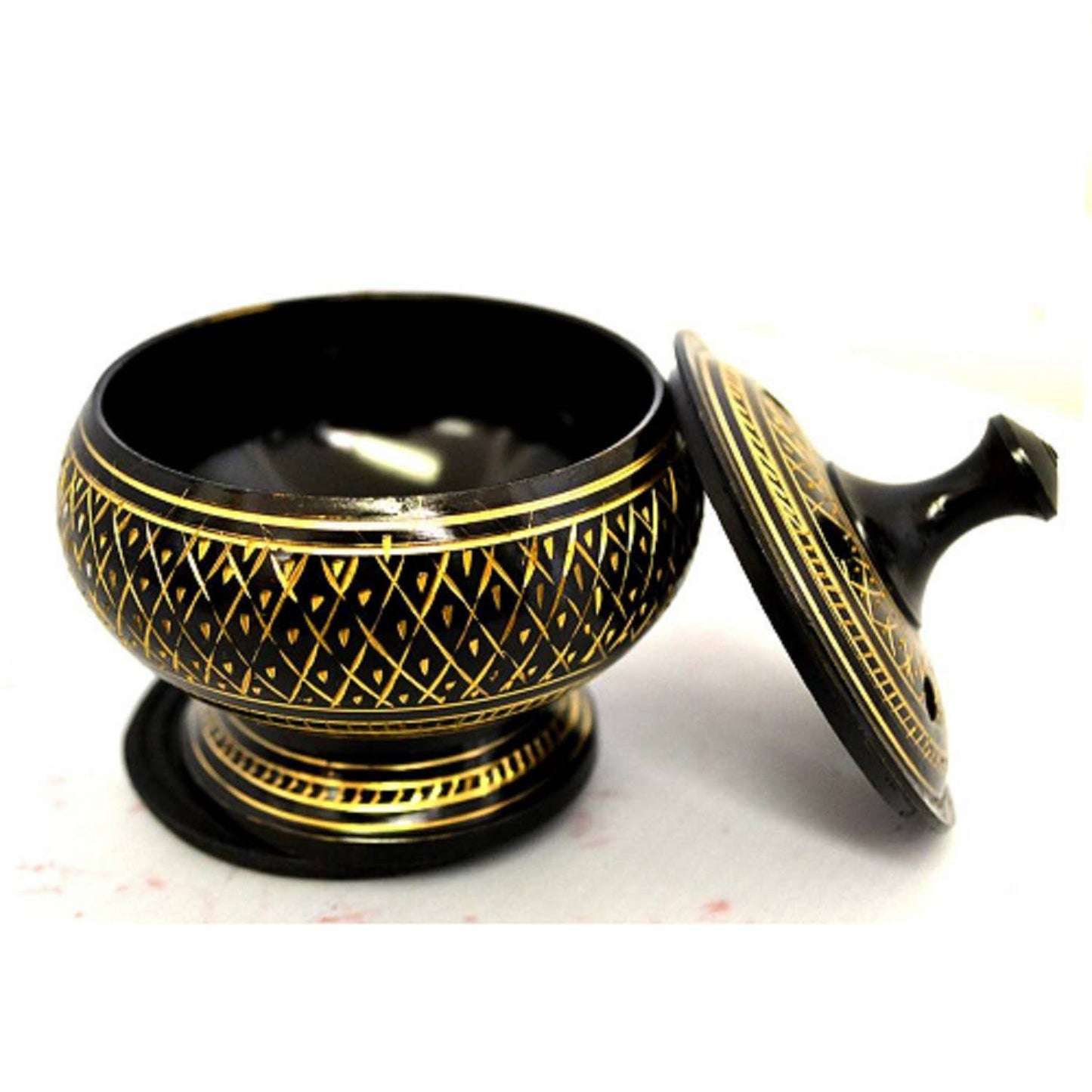 OMSutra - Black Carved Brass Burner with lid - Resin, smudge cone 3.5"