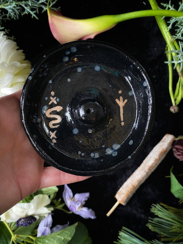 Keven Craft Rituals LLC - Snake & Runic Ceramic Incense Dishes: 3.75” - Black / Abalone glaze