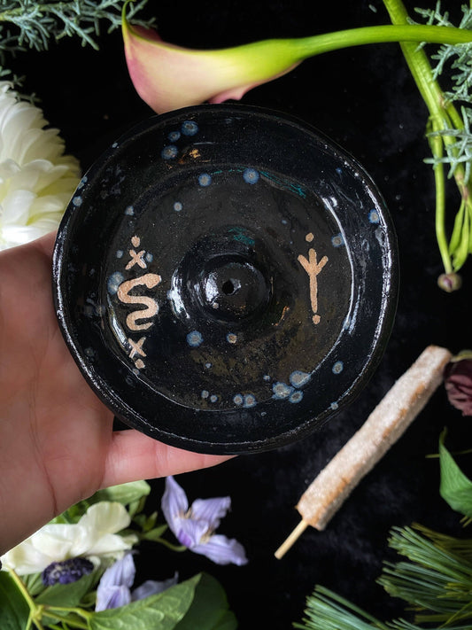 Keven Craft Rituals LLC - Snake & Runic Ceramic Incense Dishes: 3.75” - Black / Abalone glaze