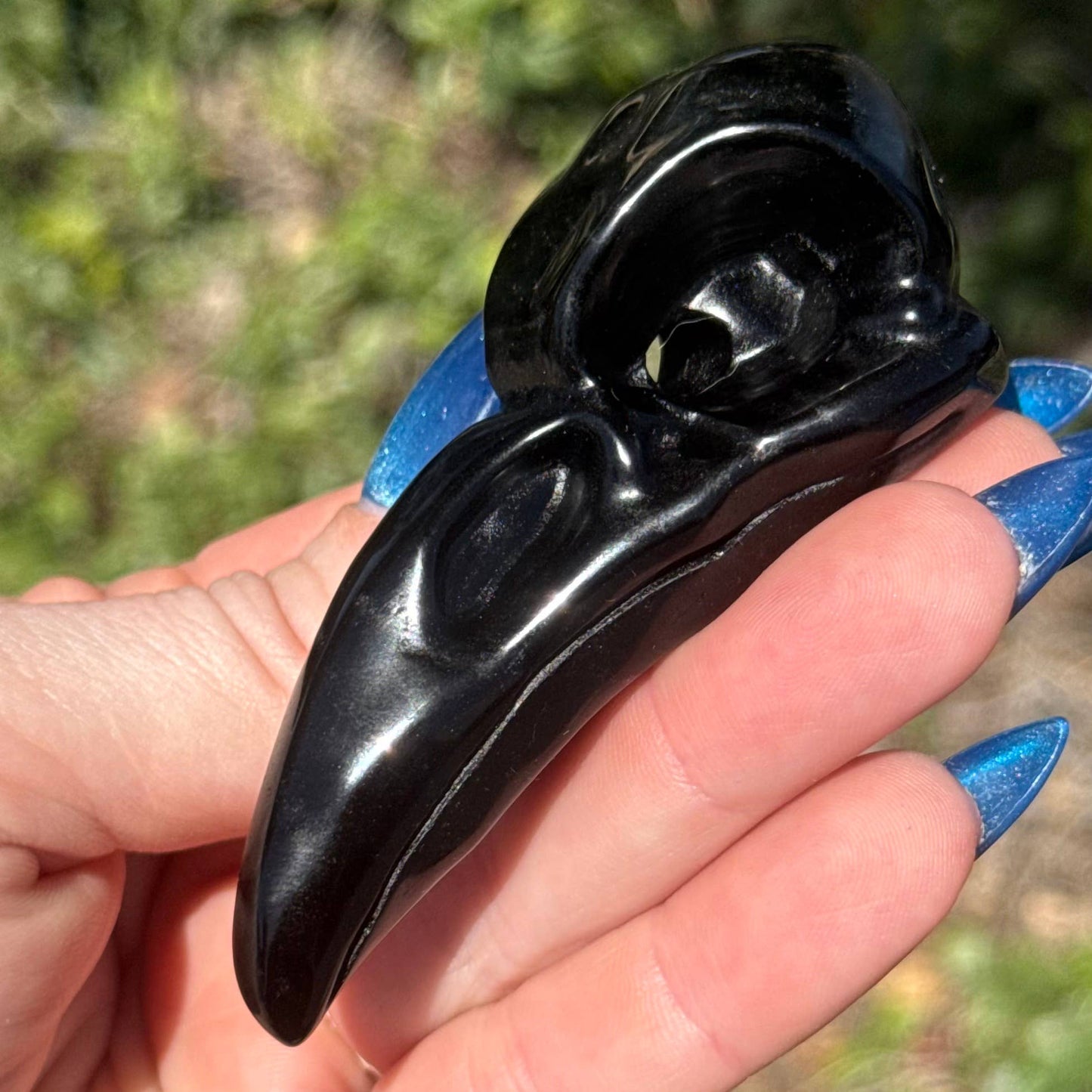 The Crystal Tabby - Obsidian Raven Skull Carving - Large