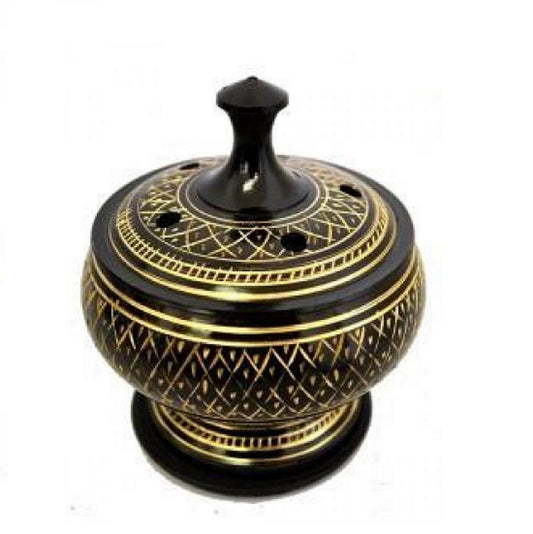 OMSutra - Black Carved Brass Burner with lid - Resin, smudge cone 3.5"