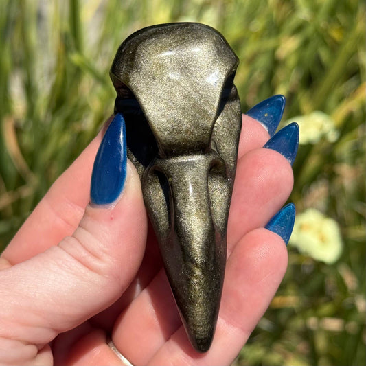 GOLD SHEEN OBSIDIAN RAVEN SKULL CARVING