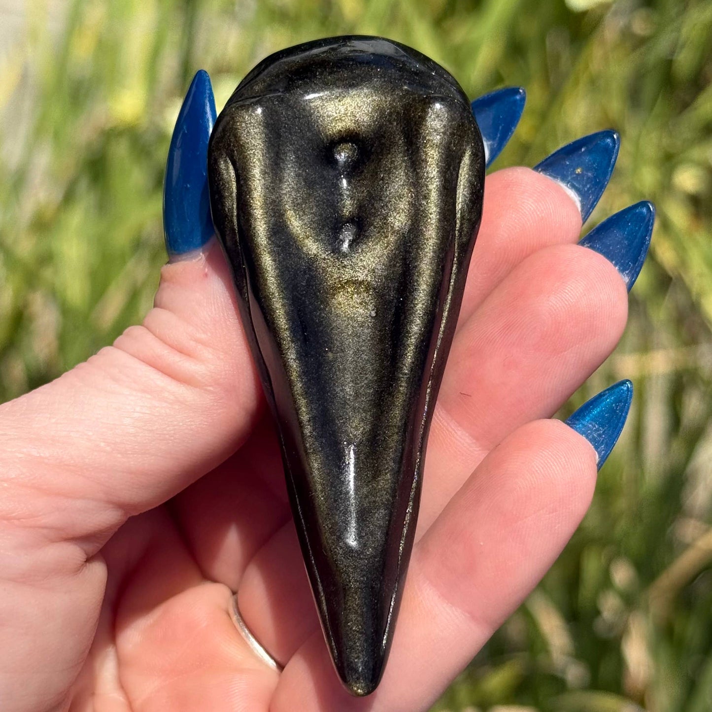 The Crystal Tabby - Gold Sheen Obsidian Raven Skull Carving - Large
