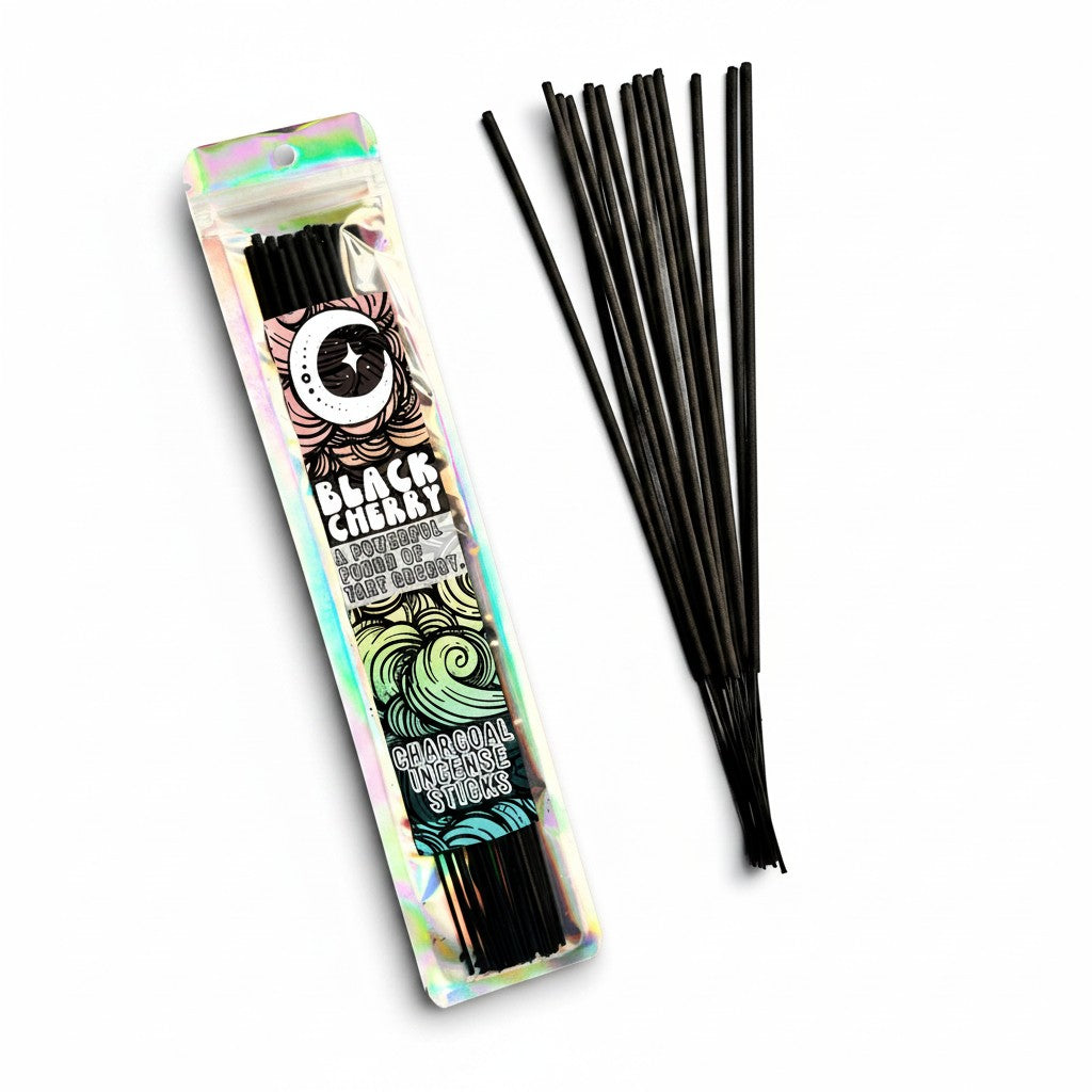 The Altared State Black Cherry charcoal incense sticks with a holographic package and a bundle of black incense sticks.