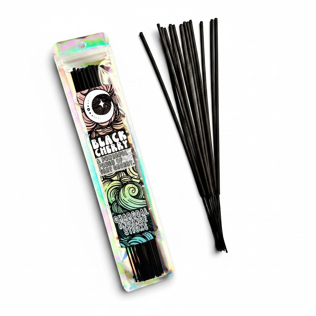 The Altared State Black Cherry charcoal incense sticks with a holographic package and a bundle of black incense sticks.
